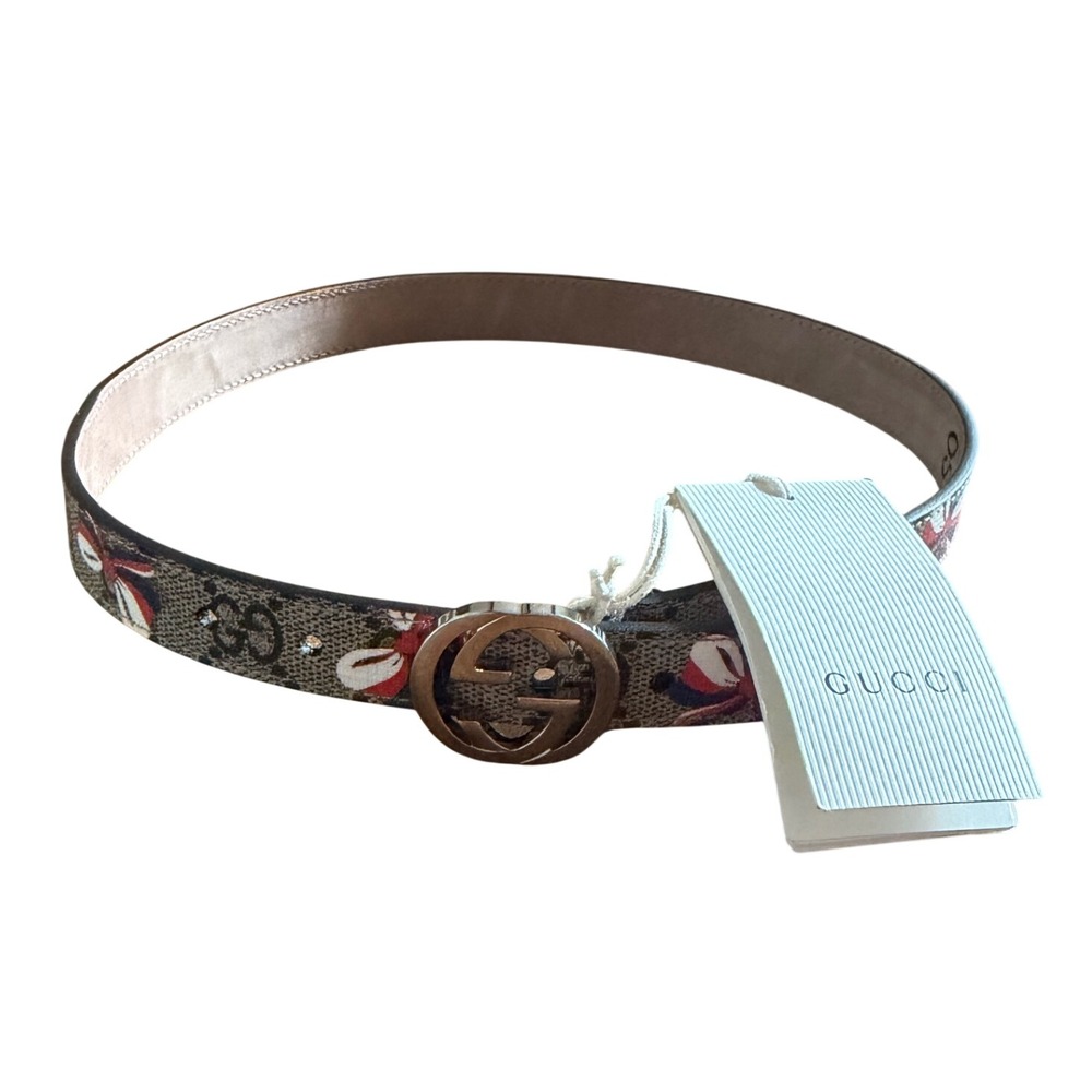 NWT Gucci Girls GG Supreme Bow Print Belt Silver Interlocking G Buckle Small